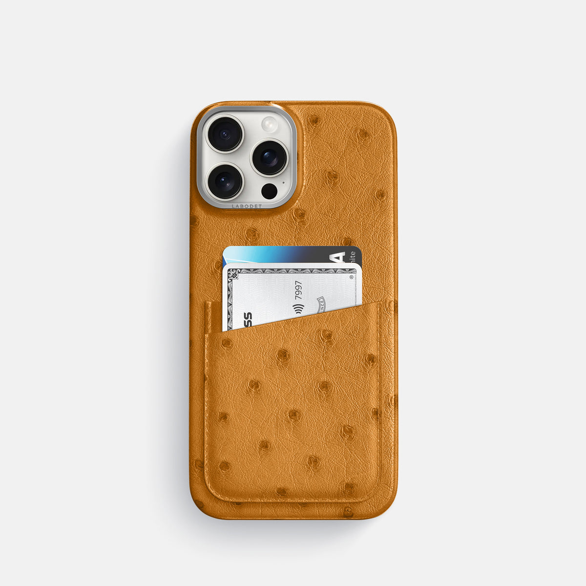 Chestnut iPhone 16 Pro Card Case Ostrich with Steel Metal -1 | Chestnut-Steel