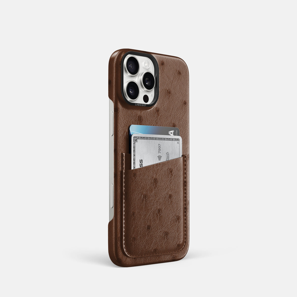 Chocolate iPhone 16 Pro Card Case Ostrich with Black Metal -2 | Chocolate-Black