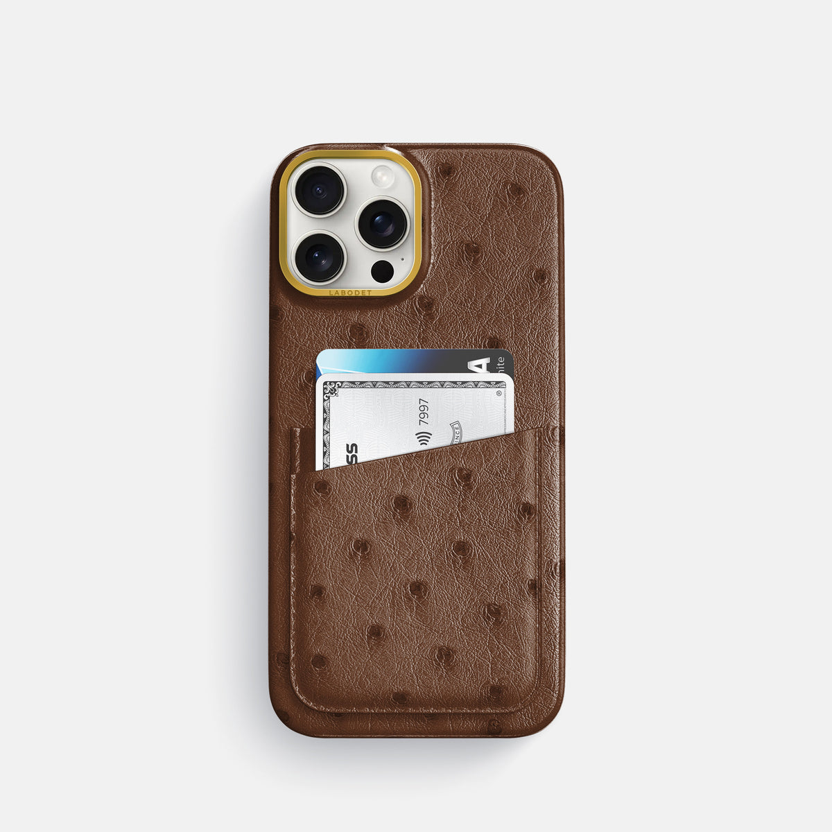 Chocolate iPhone 16 Pro Card Case Ostrich with Gold Metal -1 | Chocolate-Gold