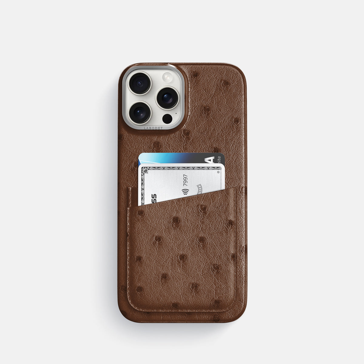 Chocolate iPhone 16 Pro Card Case Ostrich with Steel Metal -1 | Chocolate-Steel