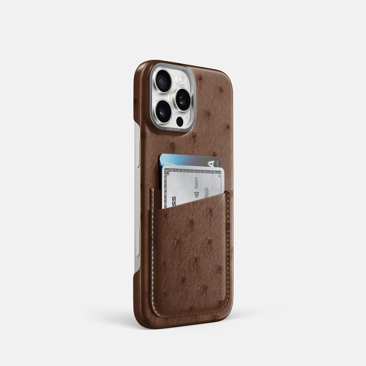 Chocolate iPhone 16 Pro Card Case Ostrich with Steel Metal -2 | Chocolate-Steel