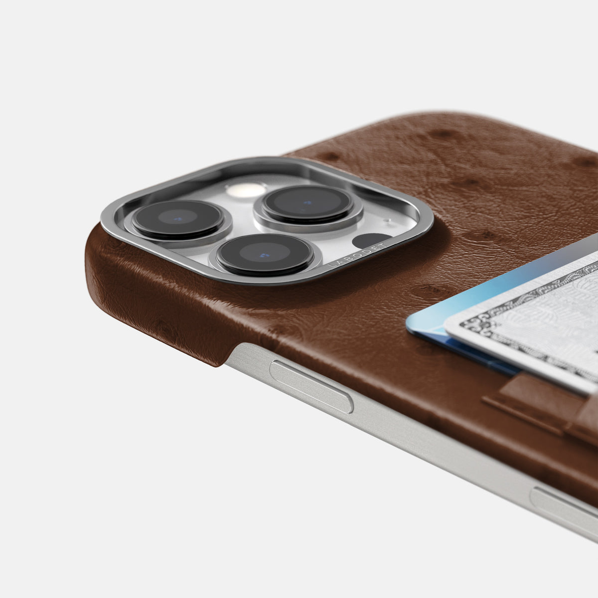 Chocolate iPhone 16 Pro Card Case Ostrich with Steel Metal -5 | Chocolate-Steel