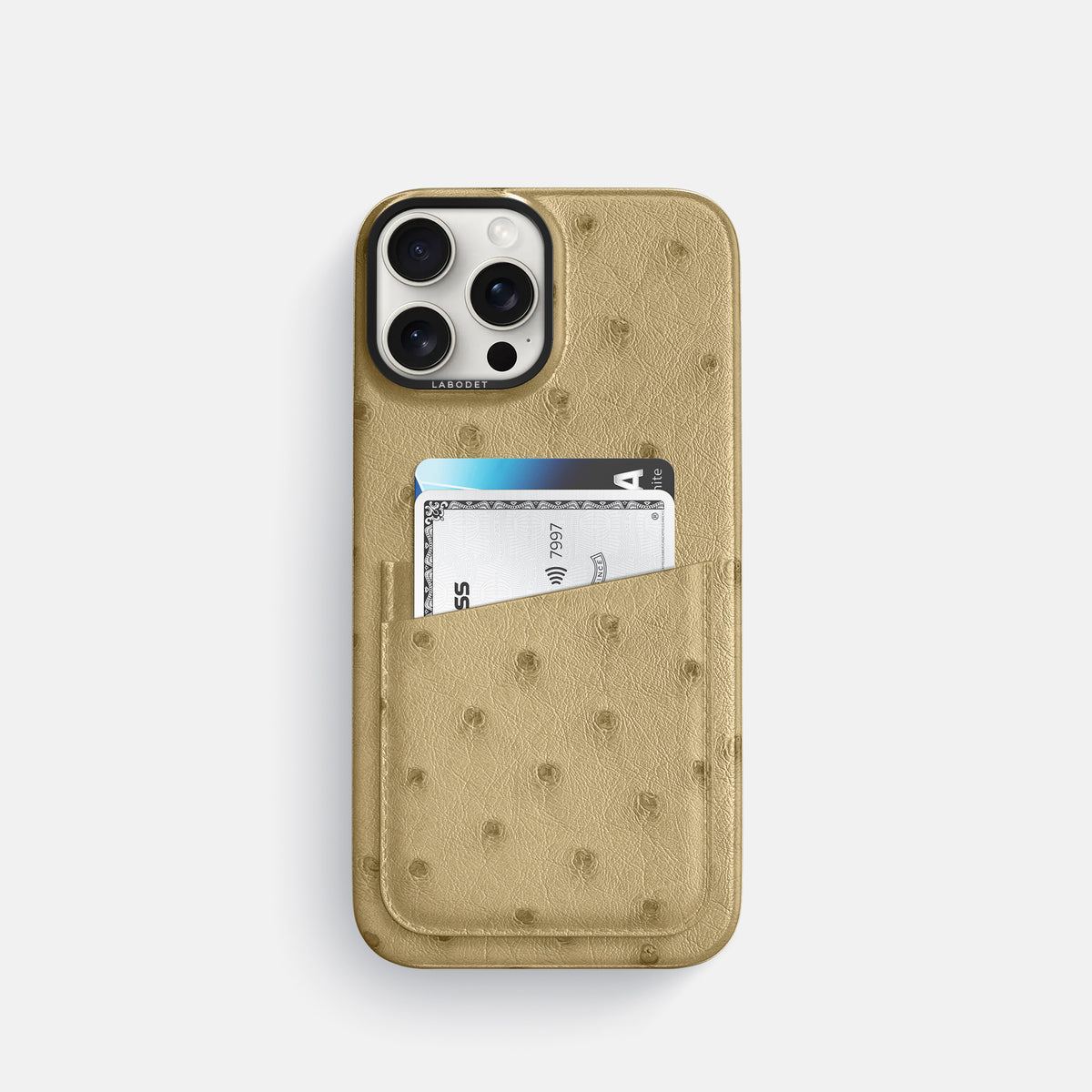 Desert-Sand iPhone 16 Pro Card Case Ostrich with Black Metal -1 | Desert-Sand-Black