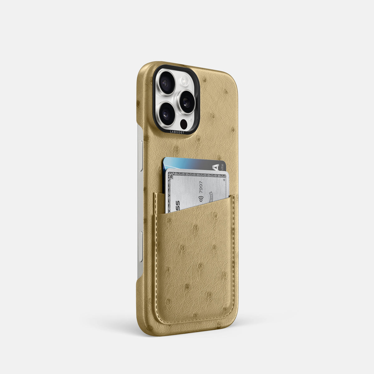 Desert-Sand iPhone 16 Pro Card Case Ostrich with Black Metal -2 | Desert-Sand-Black