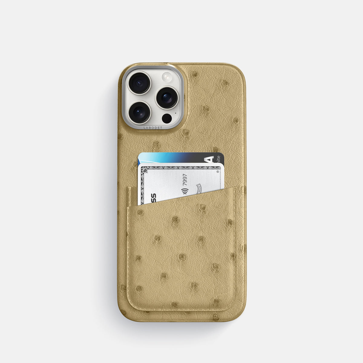 Desert-Sand iPhone 16 Pro Card Case Ostrich with Steel Metal -1 | Desert-Sand-Steel