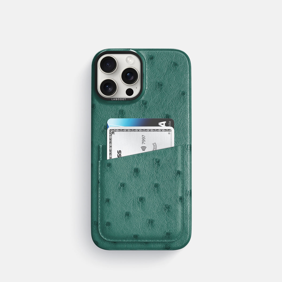 Forest-Green iPhone 16 Pro Card Case Ostrich with Black Metal -1 | Forest-Green-Black