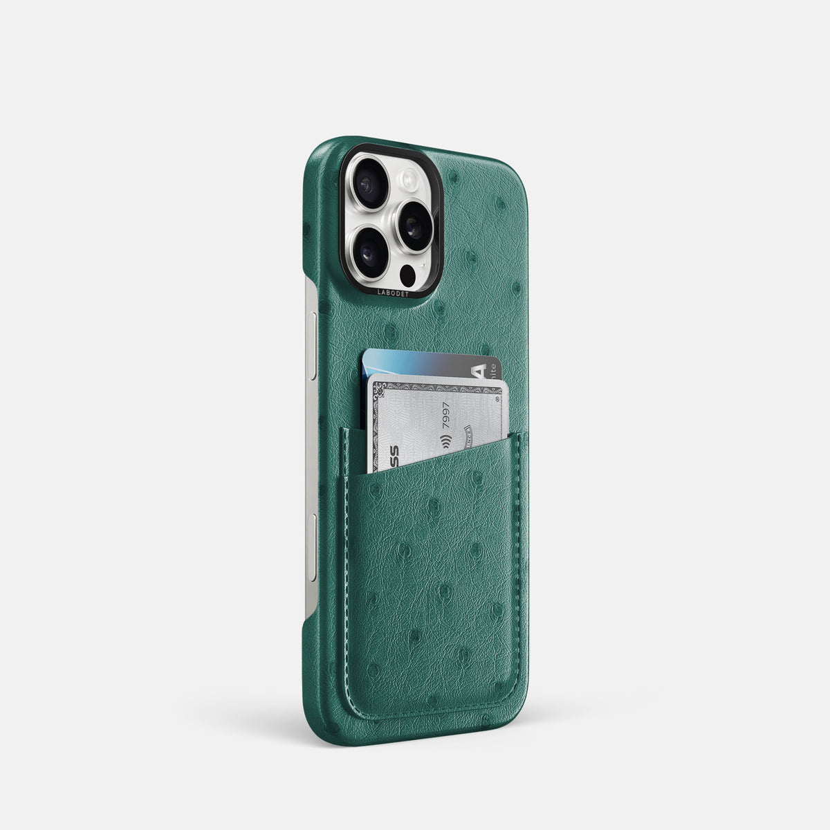 Forest-Green iPhone 16 Pro Card Case Ostrich with Black Metal -2 | Forest-Green-Black