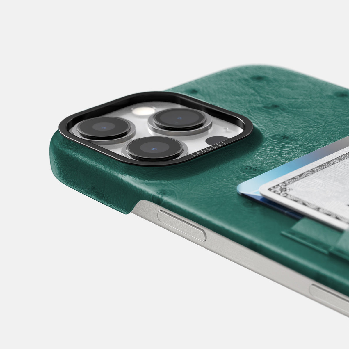 Forest-Green iPhone 16 Pro Card Case Ostrich with Black Metal -5 | Forest-Green-Black