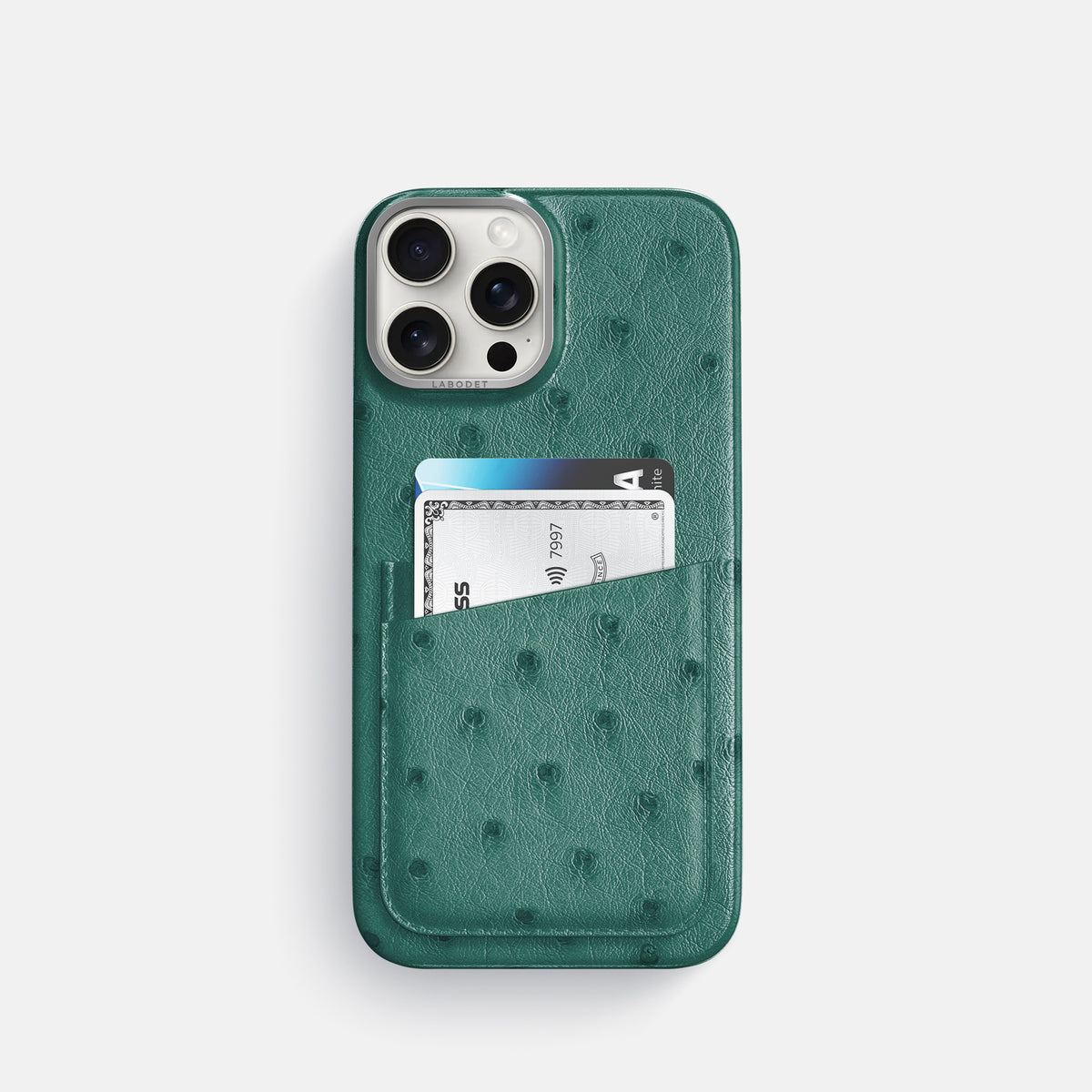 Forest-Green iPhone 16 Pro Card Case Ostrich with Steel Metal -1 | Forest-Green-Steel
