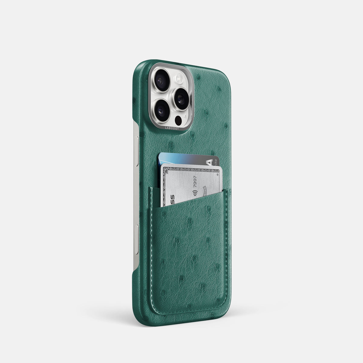 Forest-Green iPhone 16 Pro Card Case Ostrich with Steel Metal -2 | Forest-Green-Steel