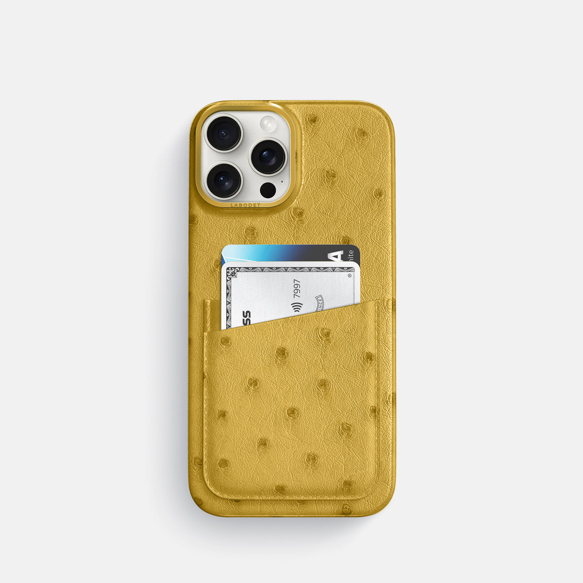 Gold iPhone 16 Pro Card Case Ostrich with Gold Metal -1 | Gold-Gold