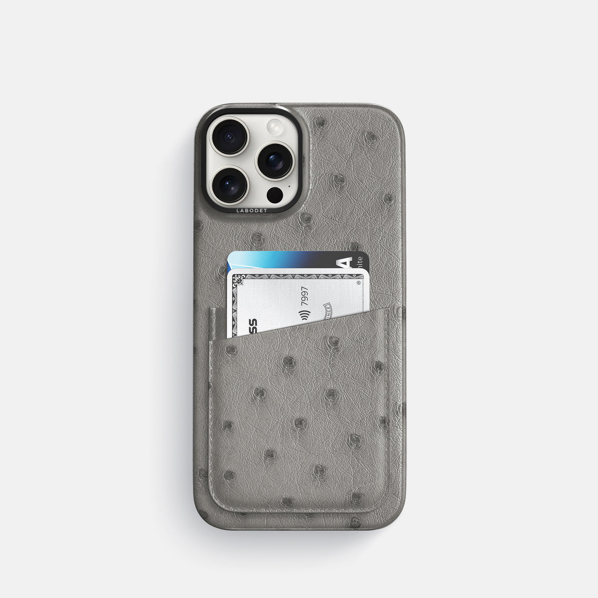 Grey iPhone 16 Pro Card Case Ostrich with Black Metal -1 | Grey-Black