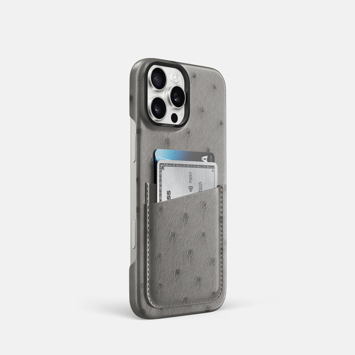 Grey iPhone 16 Pro Card Case Ostrich with Black Metal -2 | Grey-Black