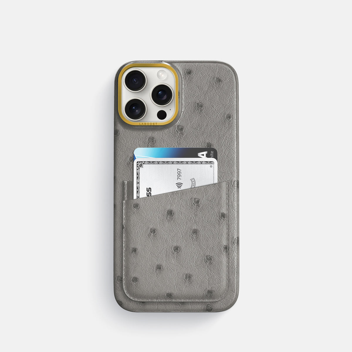 Grey iPhone 16 Pro Card Case Ostrich with Gold Metal -1 | Grey-Gold