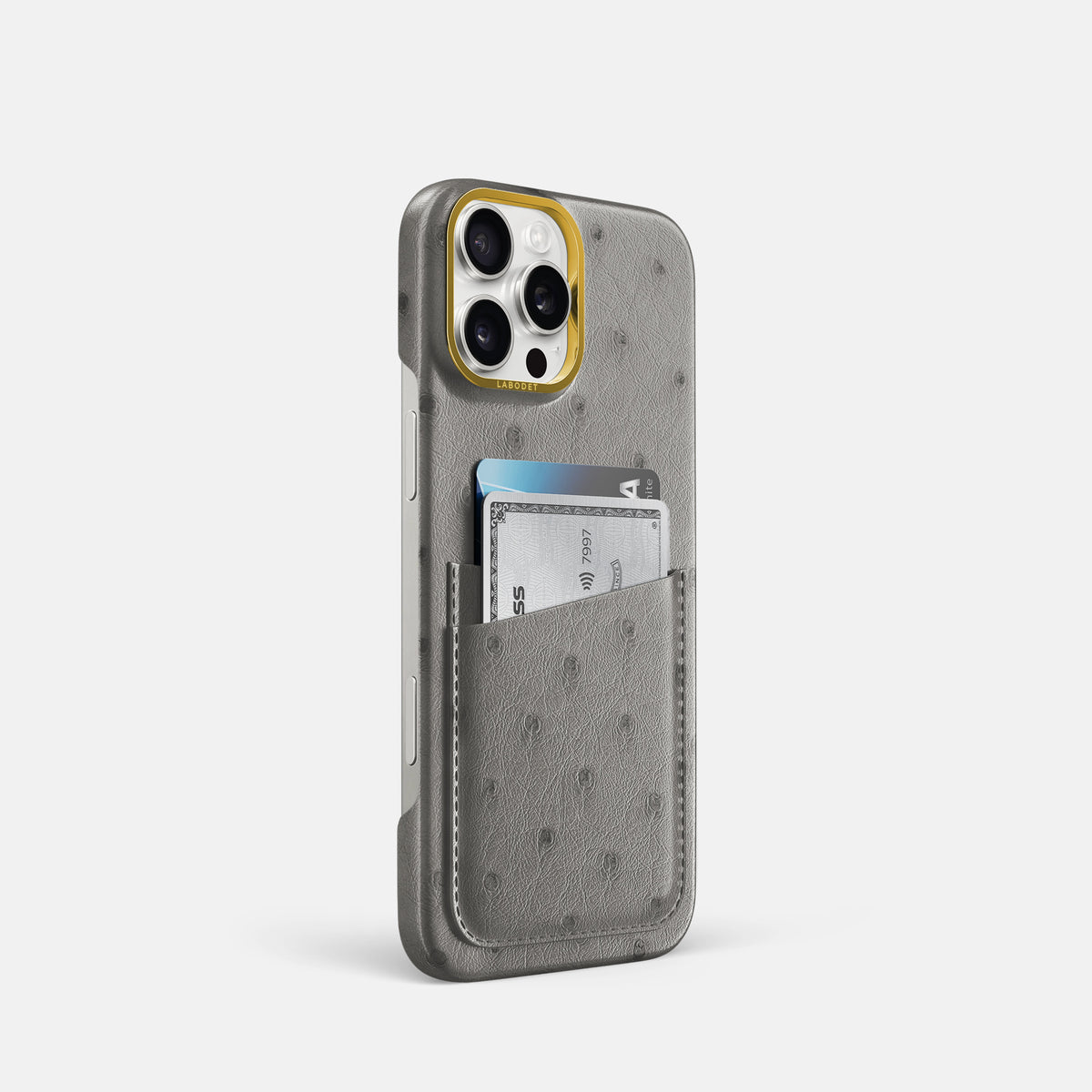 Grey iPhone 16 Pro Card Case Ostrich with Gold Metal -2 | Grey-Gold