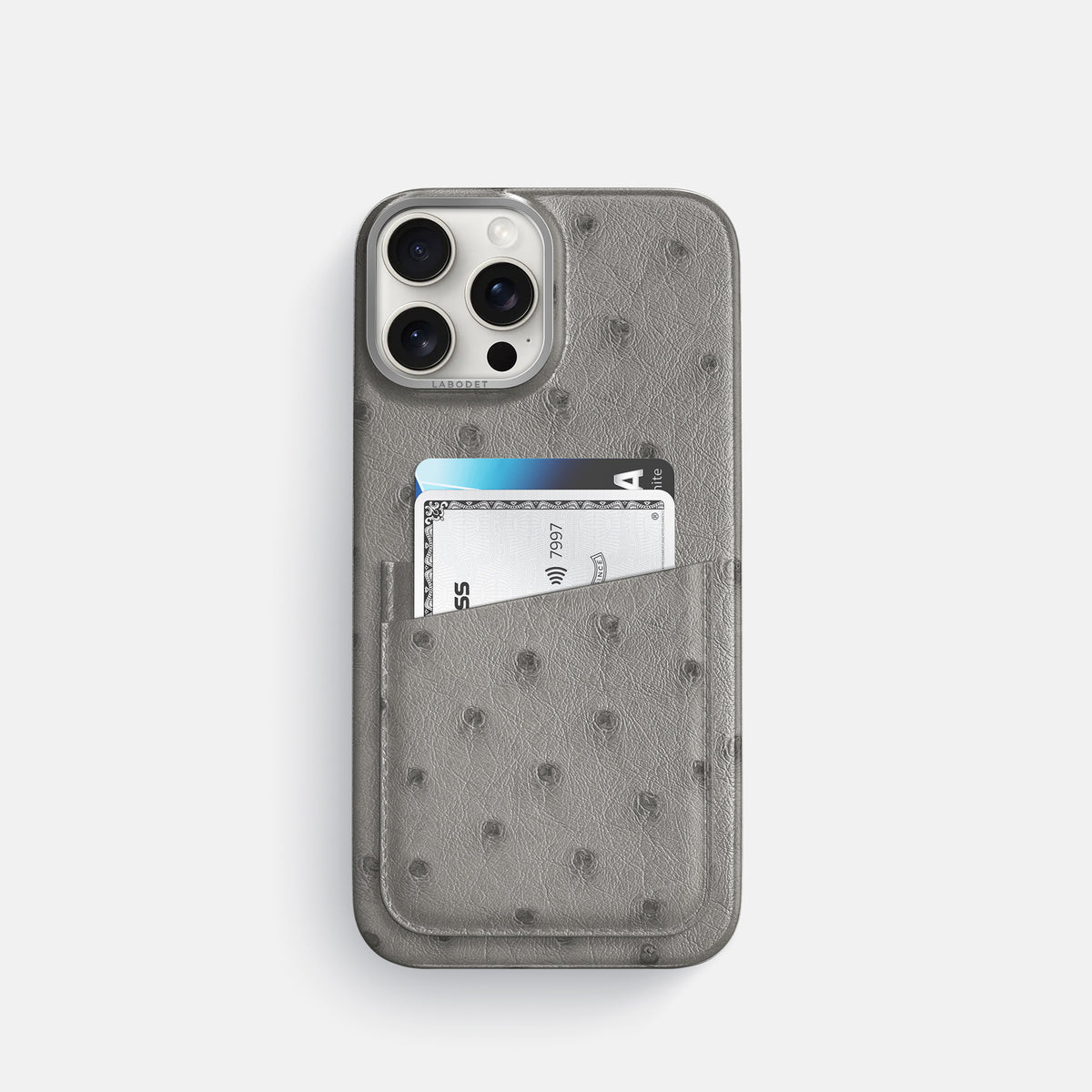 Grey iPhone 16 Pro Card Case Ostrich with Steel Metal -1 | Grey-Steel