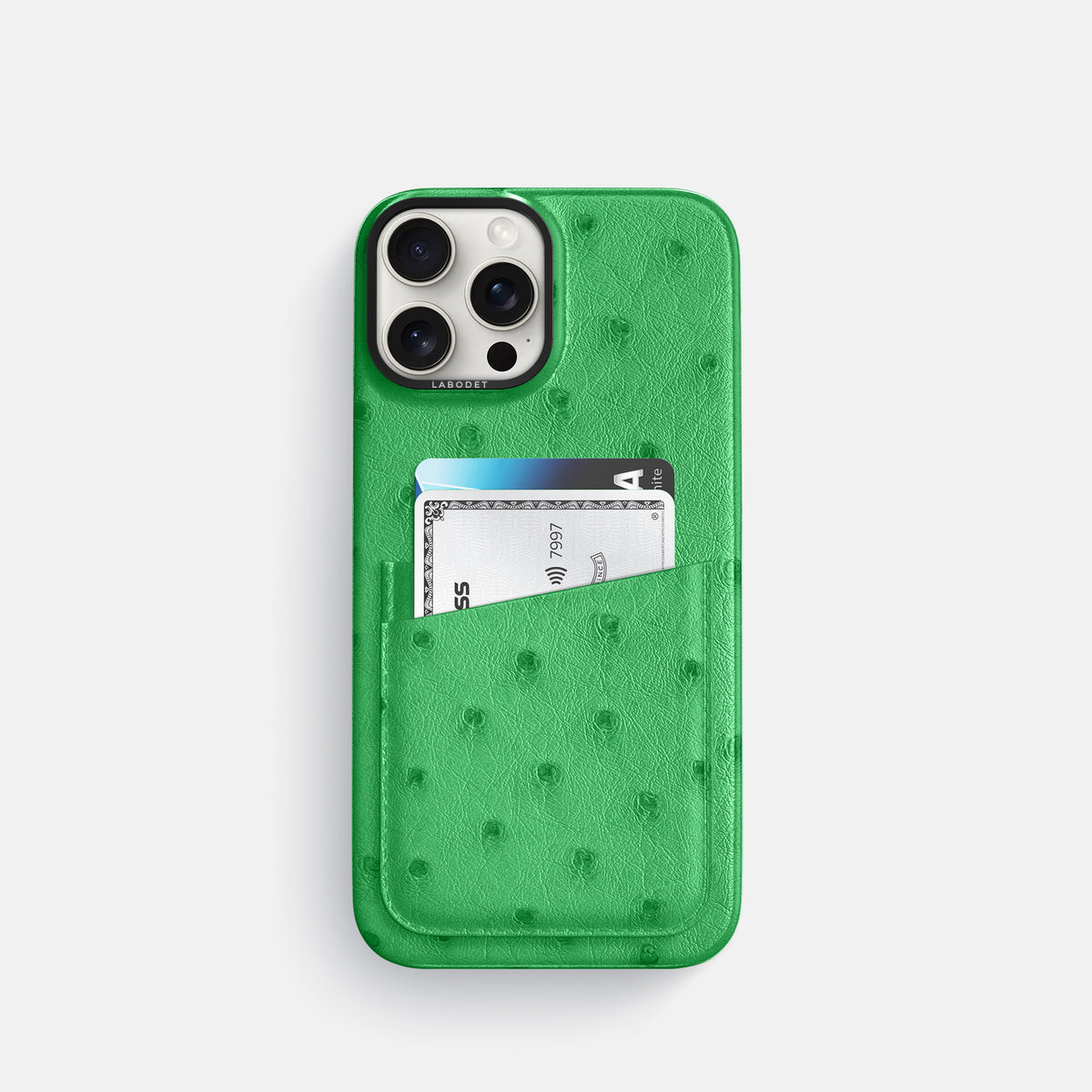 Kentucky Green iPhone 16 Pro Card Case Ostrich with Black Metal -1 | Kentucky-Green-Black