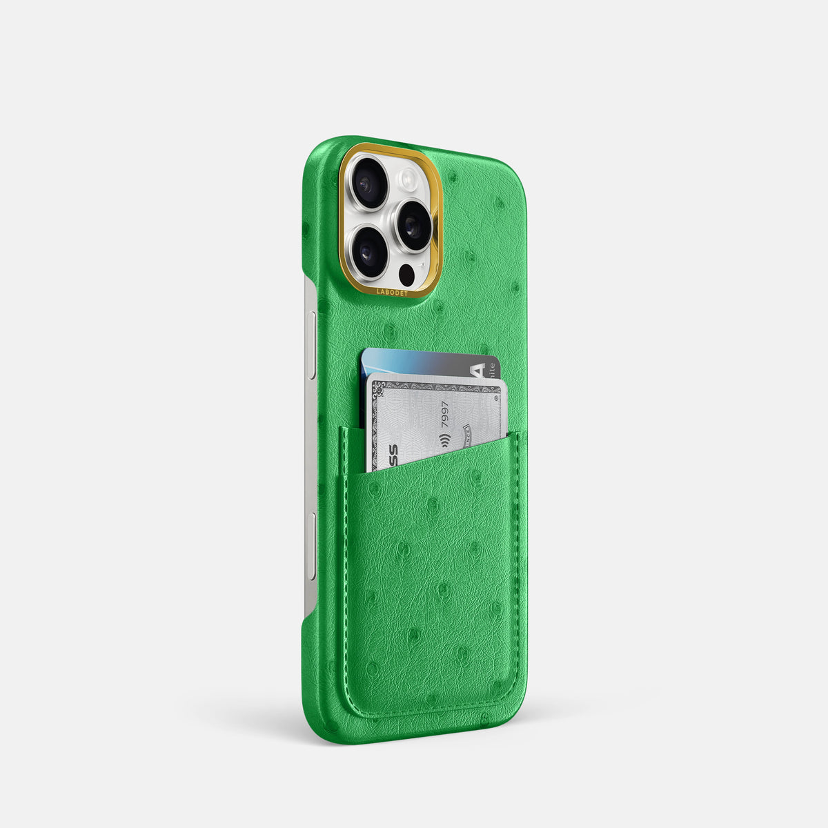 Kentucky Green iPhone 16 Pro Card Case Ostrich with Gold Metal -2 | Kentucky-Green-Gold