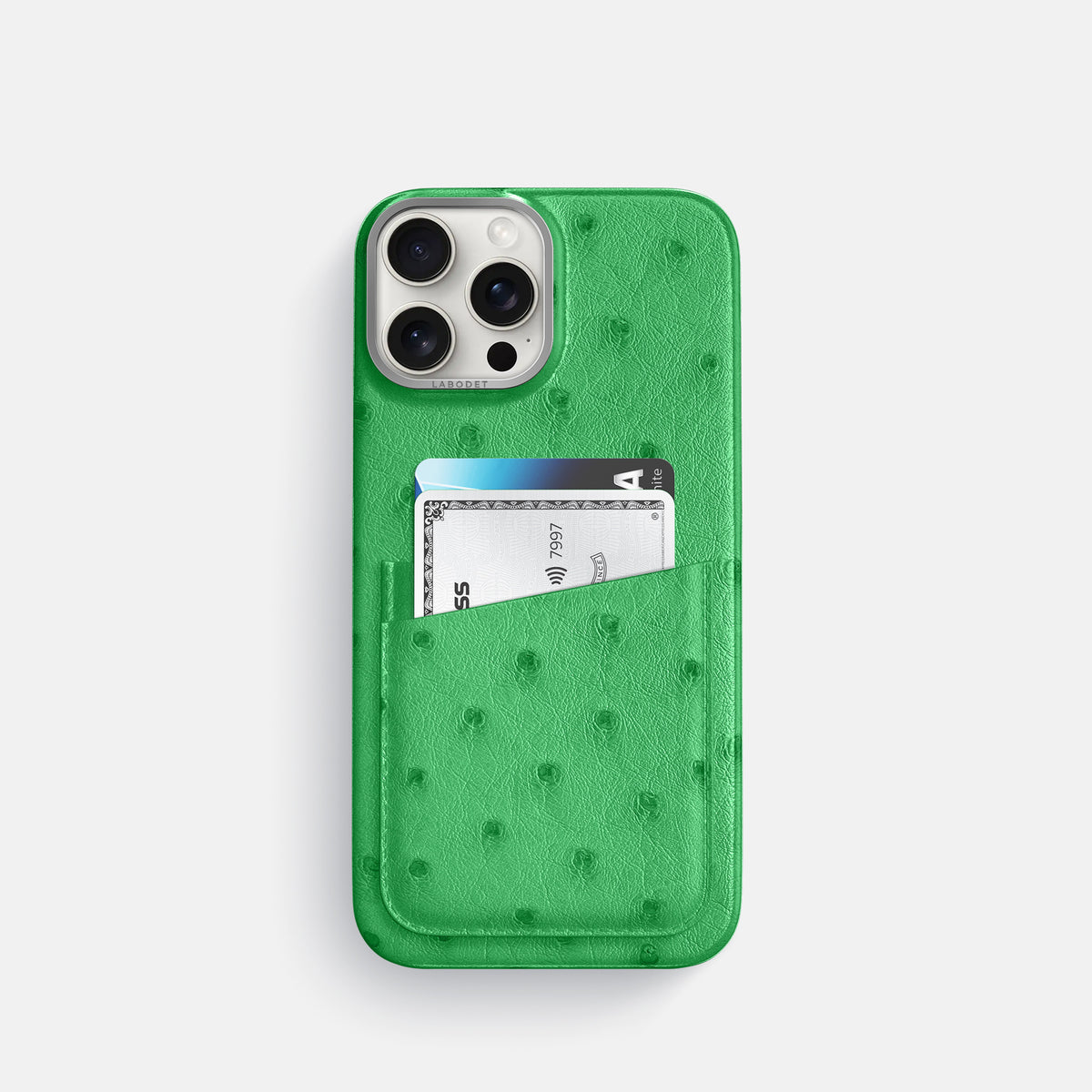 Kentucky Green iPhone 16 Pro Card Case Ostrich with Steel Metal -1 | Kentucky-Green-Steel
