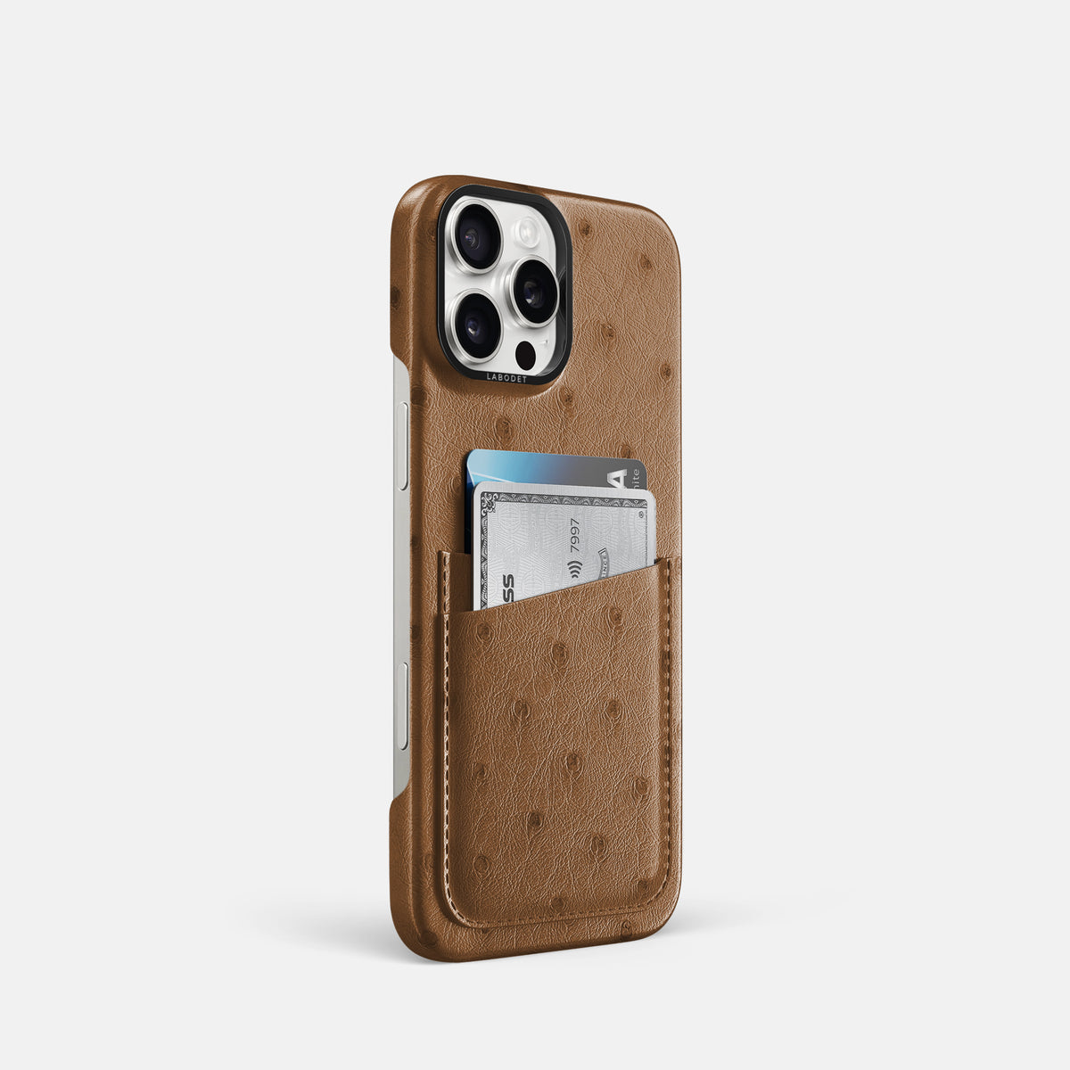 Medium-Brown iPhone 16 Pro Card Case Ostrich with Black Metal -2 | Medium-Brown-Black