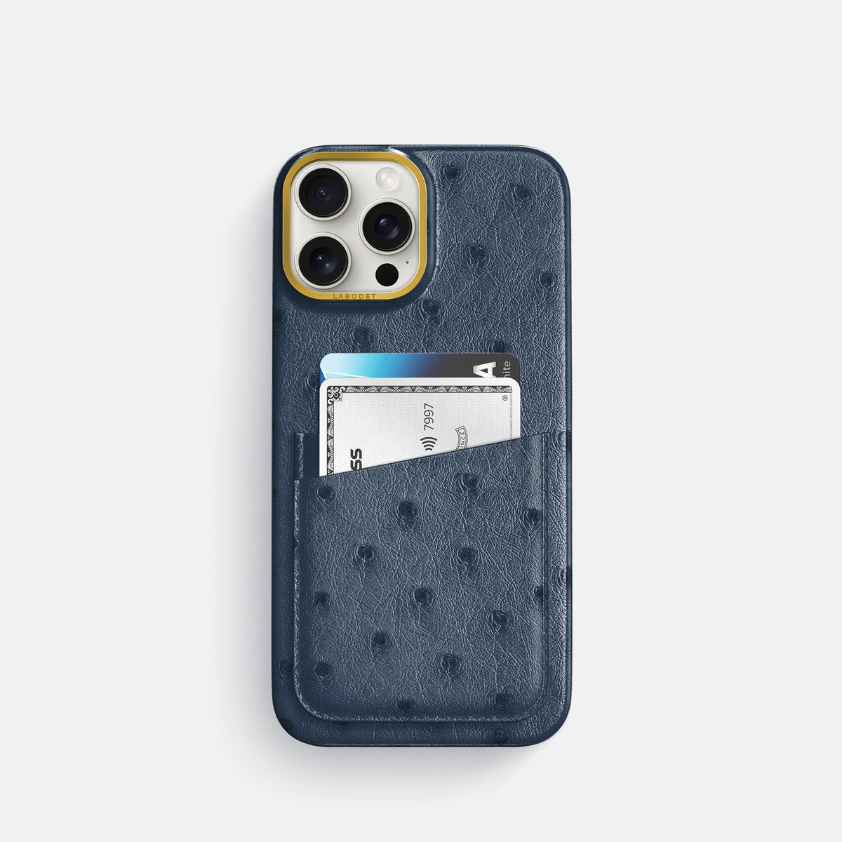 Navy-Blue iPhone 16 Pro Card Case Ostrich with Gold Metal -1 | Navy-Blue-Gold
