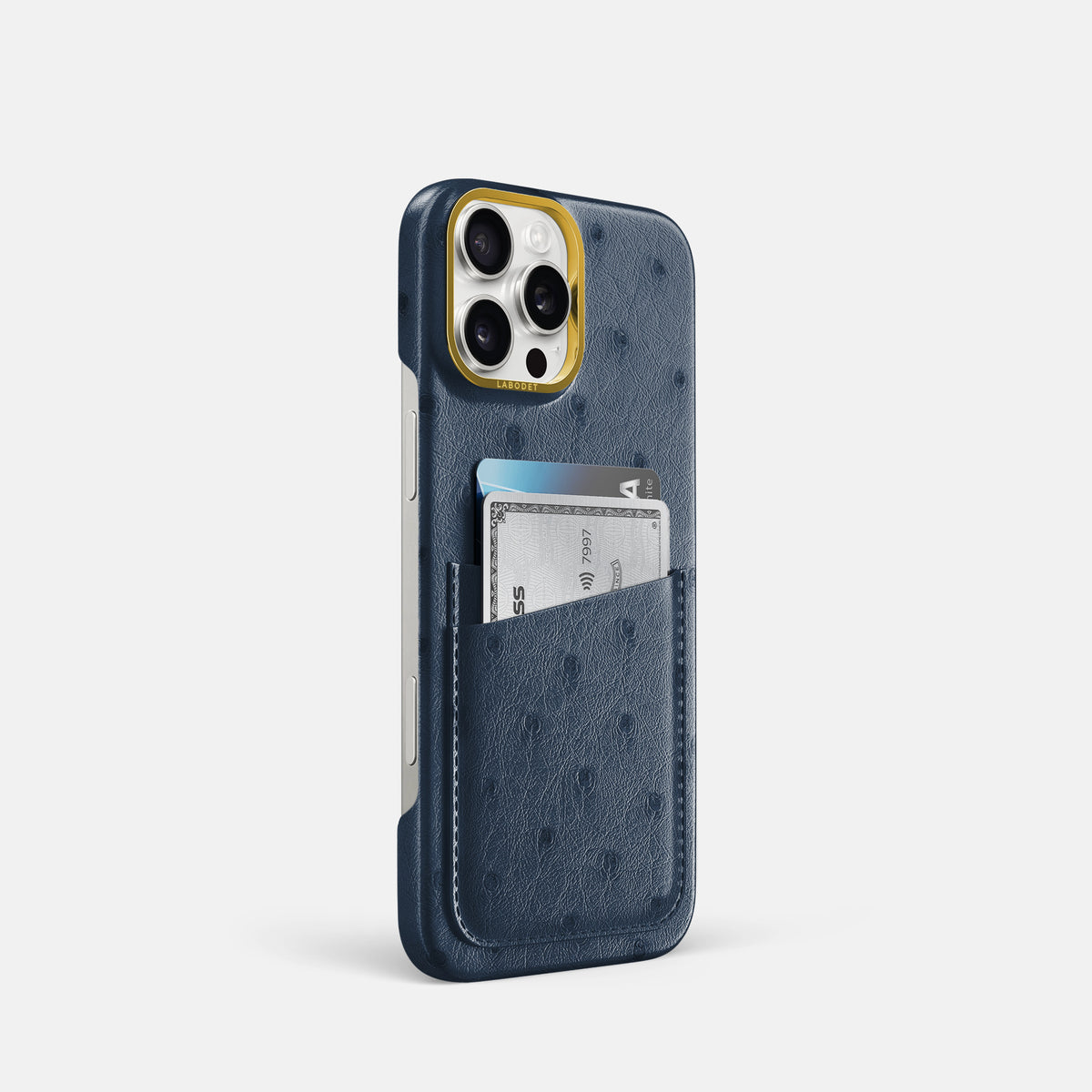 Navy-Blue iPhone 16 Pro Card Case Ostrich with Gold Metal -2 | Navy-Blue-Gold