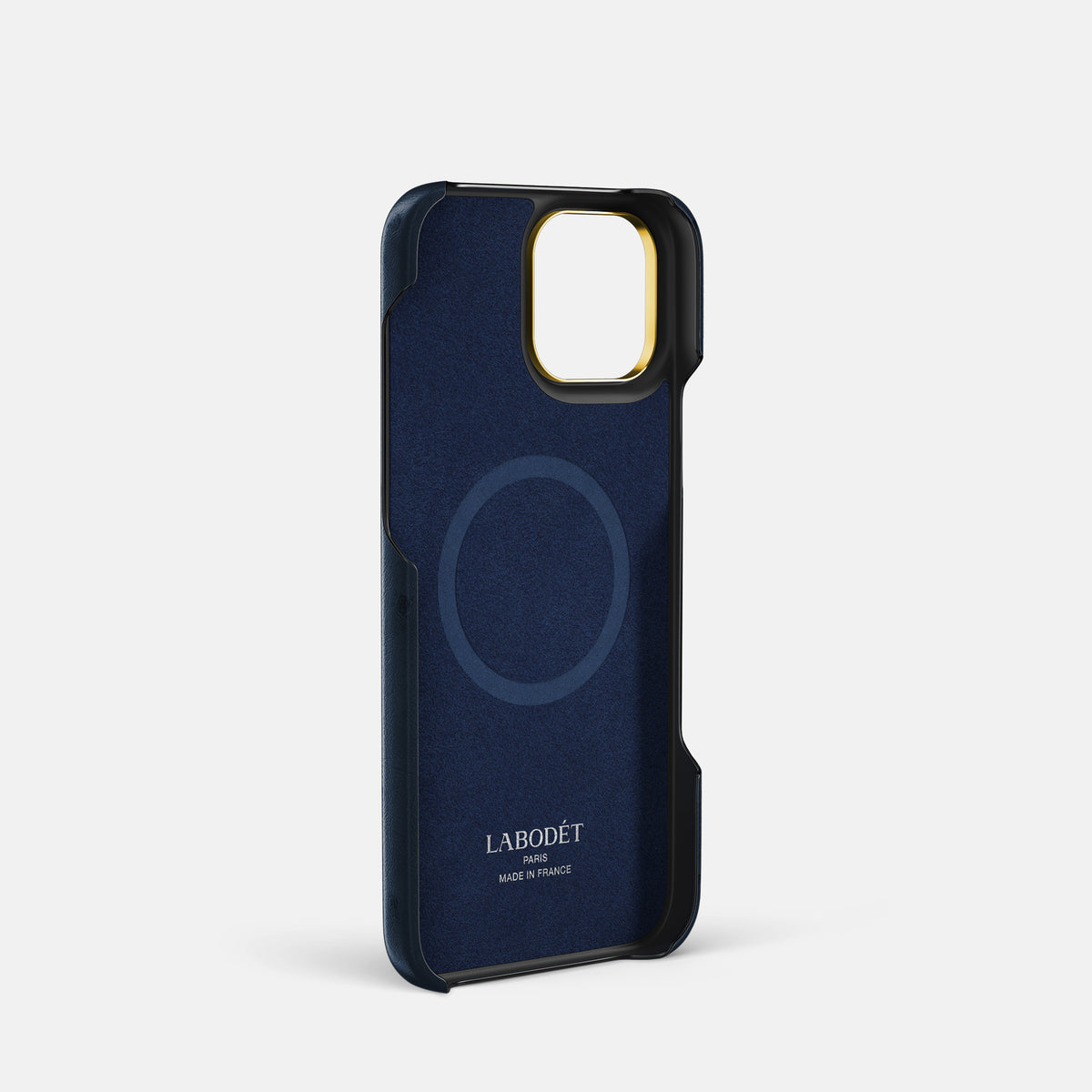 Navy-Blue iPhone 16 Pro Card Case Ostrich with Gold Metal -4 | Navy-Blue-Gold