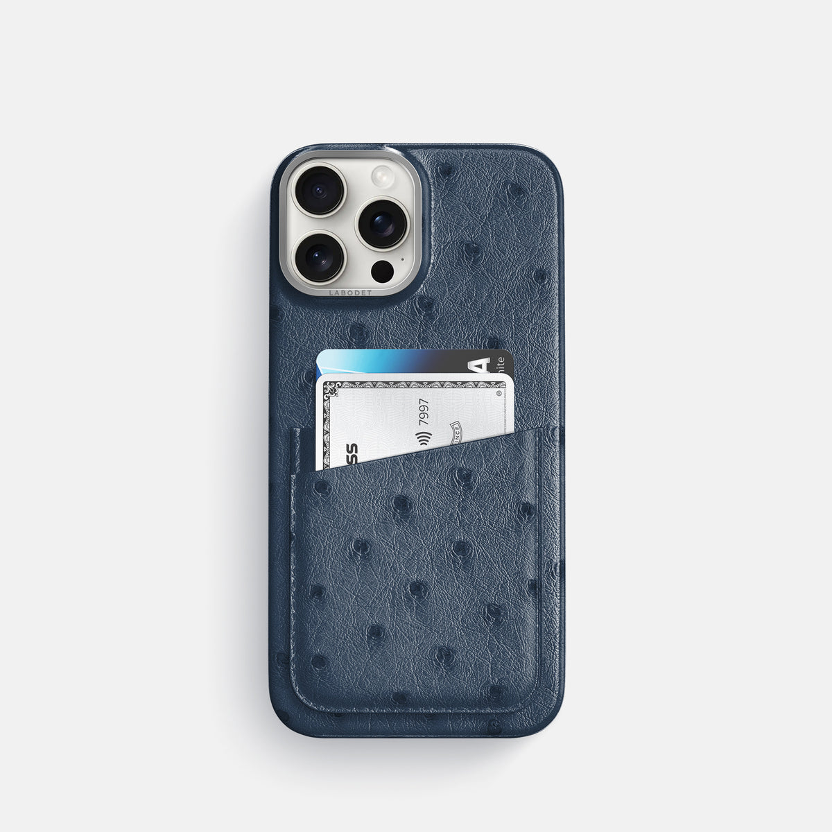 Navy-Blue iPhone 16 Pro Card Case Ostrich with Steel Metal -1 | Navy-Blue-Steel