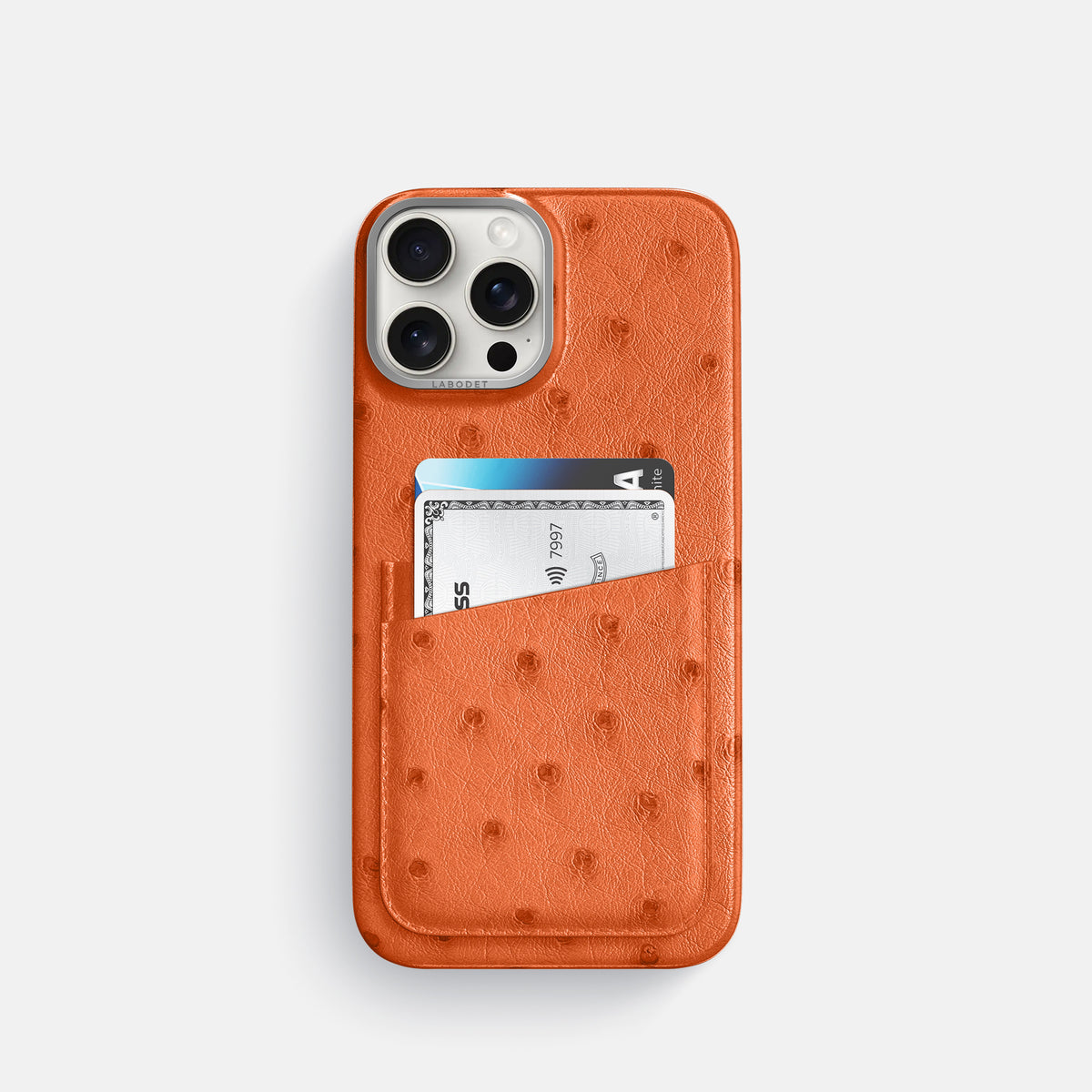 Orange iPhone 16 Pro Card Case Ostrich with Steel Metal -1 | Orange-Steel