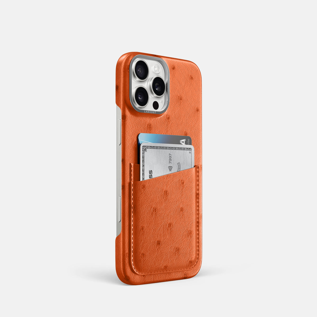 Orange iPhone 16 Pro Card Case Ostrich with Steel Metal -2 | Orange-Steel