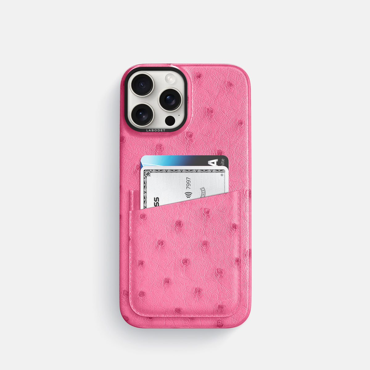 Pink iPhone 16 Pro Card Case Ostrich with Black Metal -1 | Pink-Black