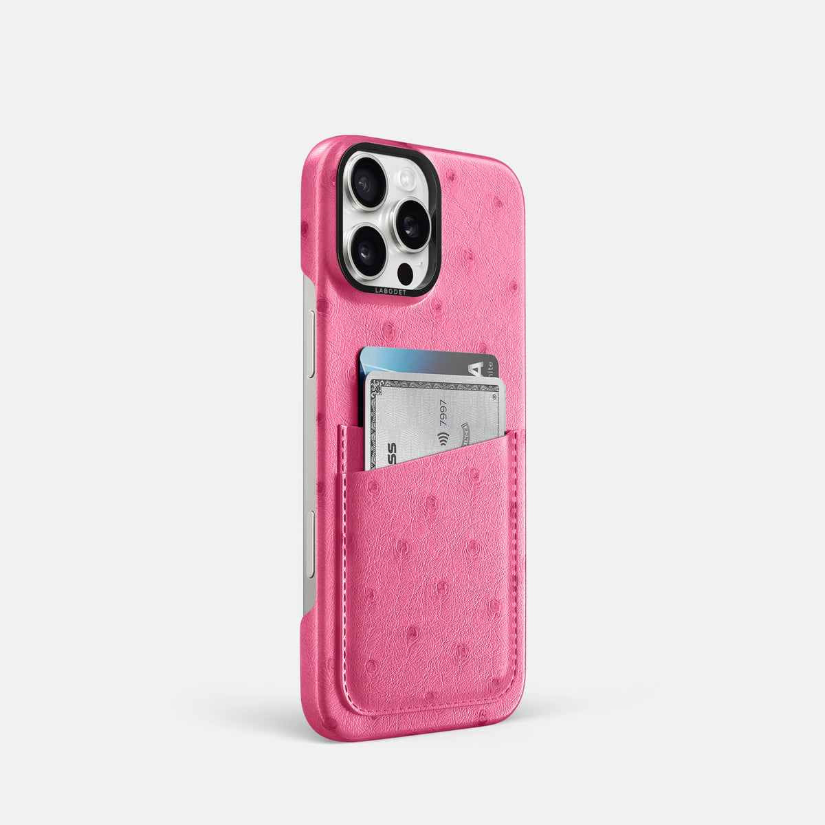 Pink iPhone 16 Pro Card Case Ostrich with Black Metal -2 | Pink-Black