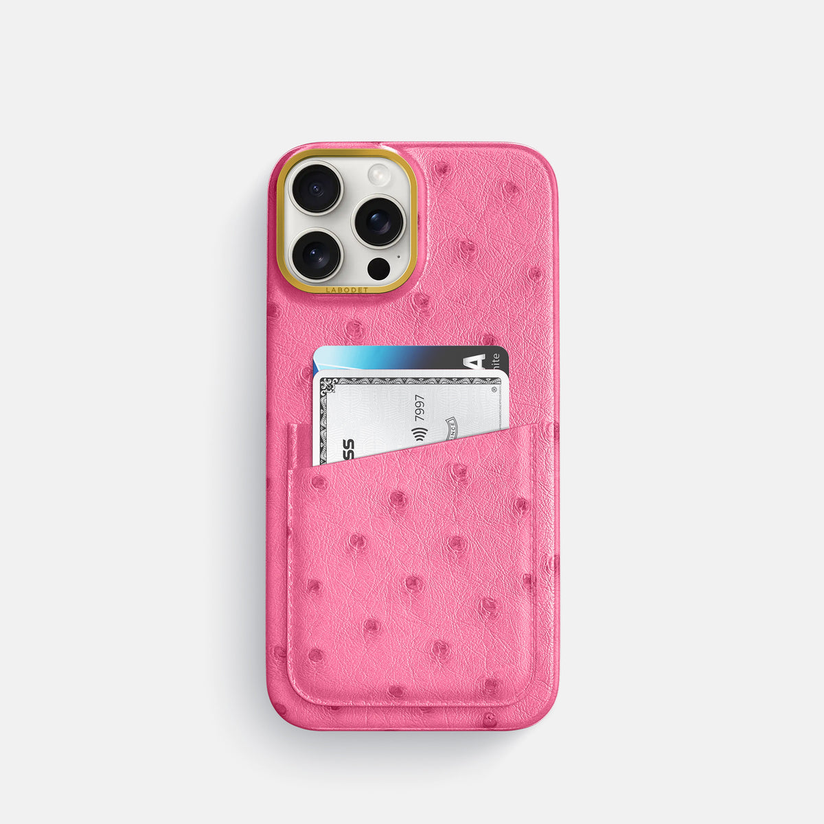 Pink iPhone 16 Pro Card Case Ostrich with Gold Metal -1 | Pink-Gold