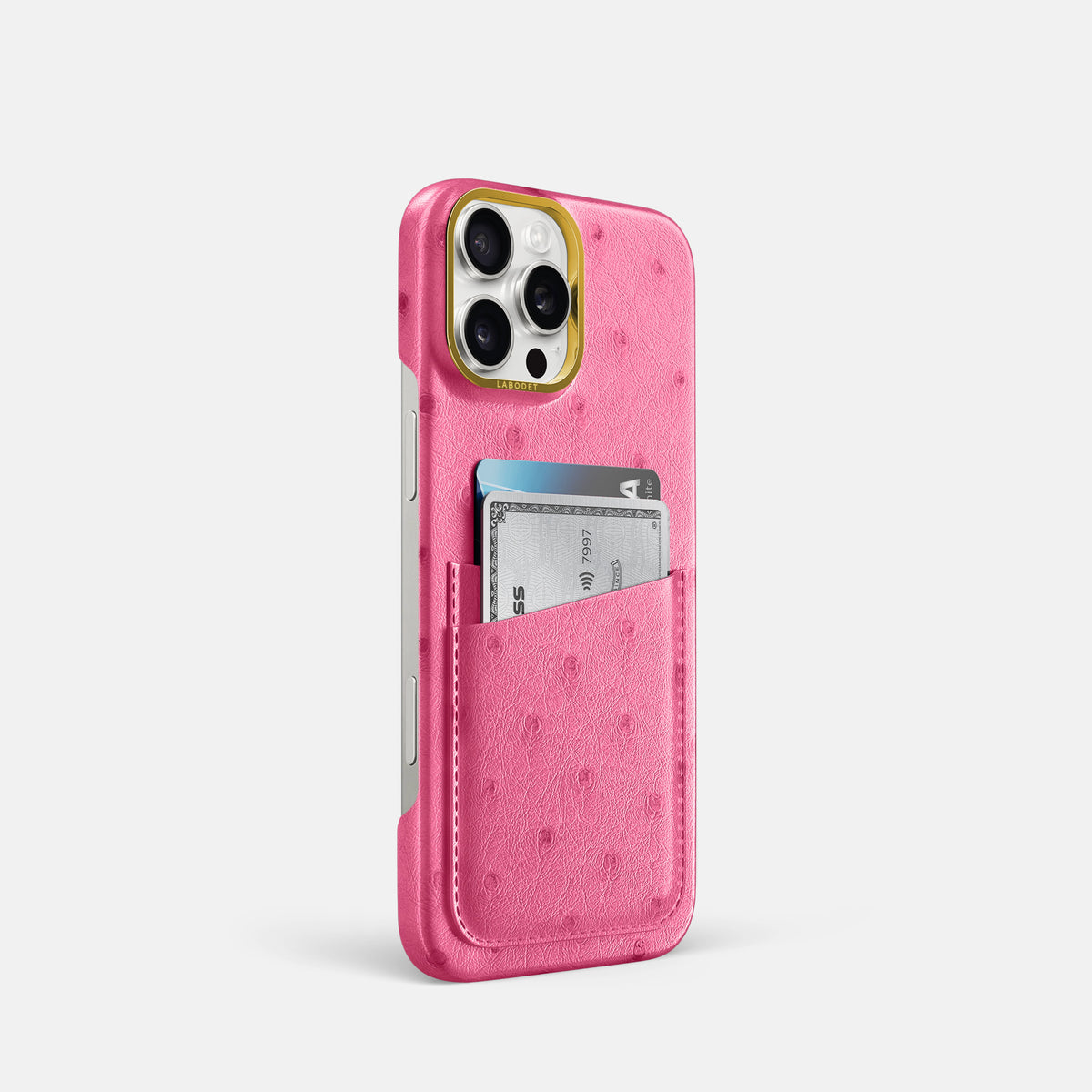 Pink iPhone 16 Pro Card Case Ostrich with Gold Metal -2 | Pink-Gold