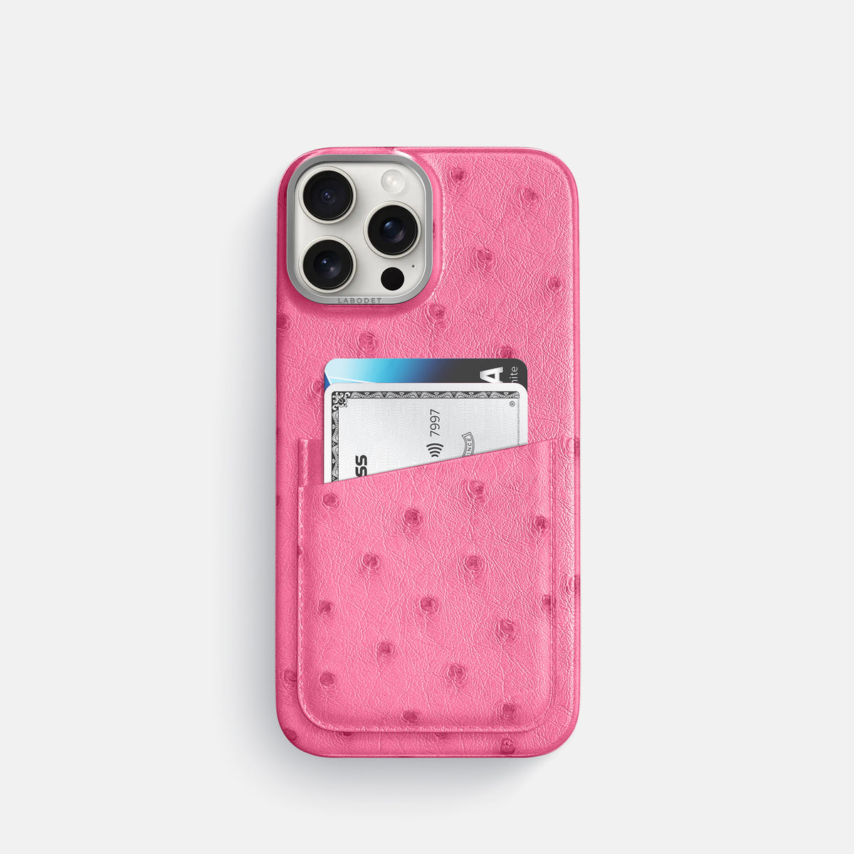 Pink iPhone 16 Pro Card Case Ostrich with Steel Metal -1 | Pink-Steel