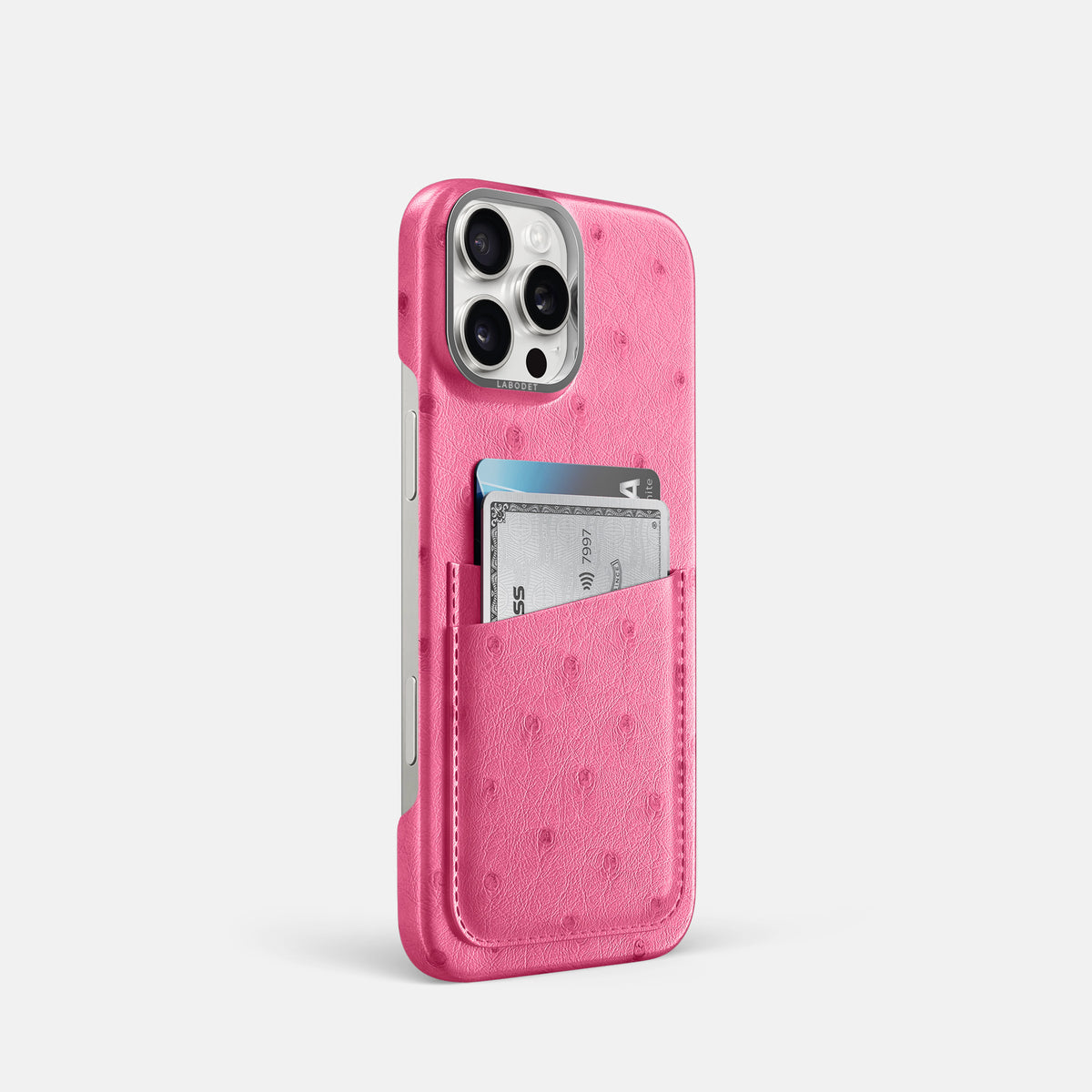 Pink iPhone 16 Pro Card Case Ostrich with Steel Metal -2 | Pink-Steel