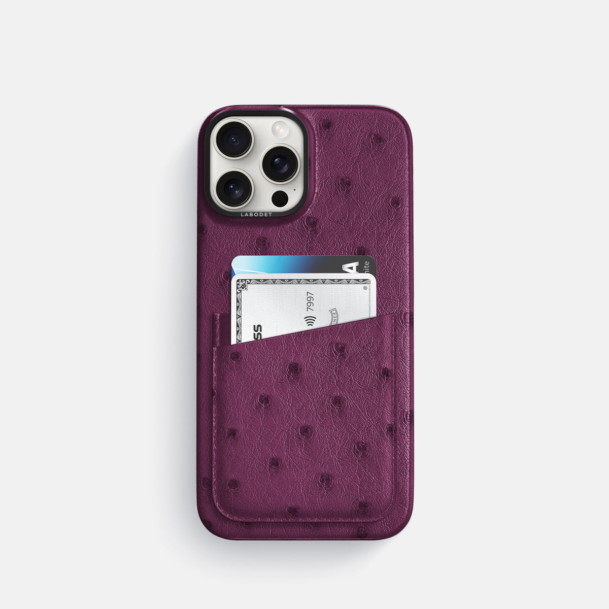 Purple iPhone 16 Pro Card Case Ostrich with Black Metal -1 | Purple-Black