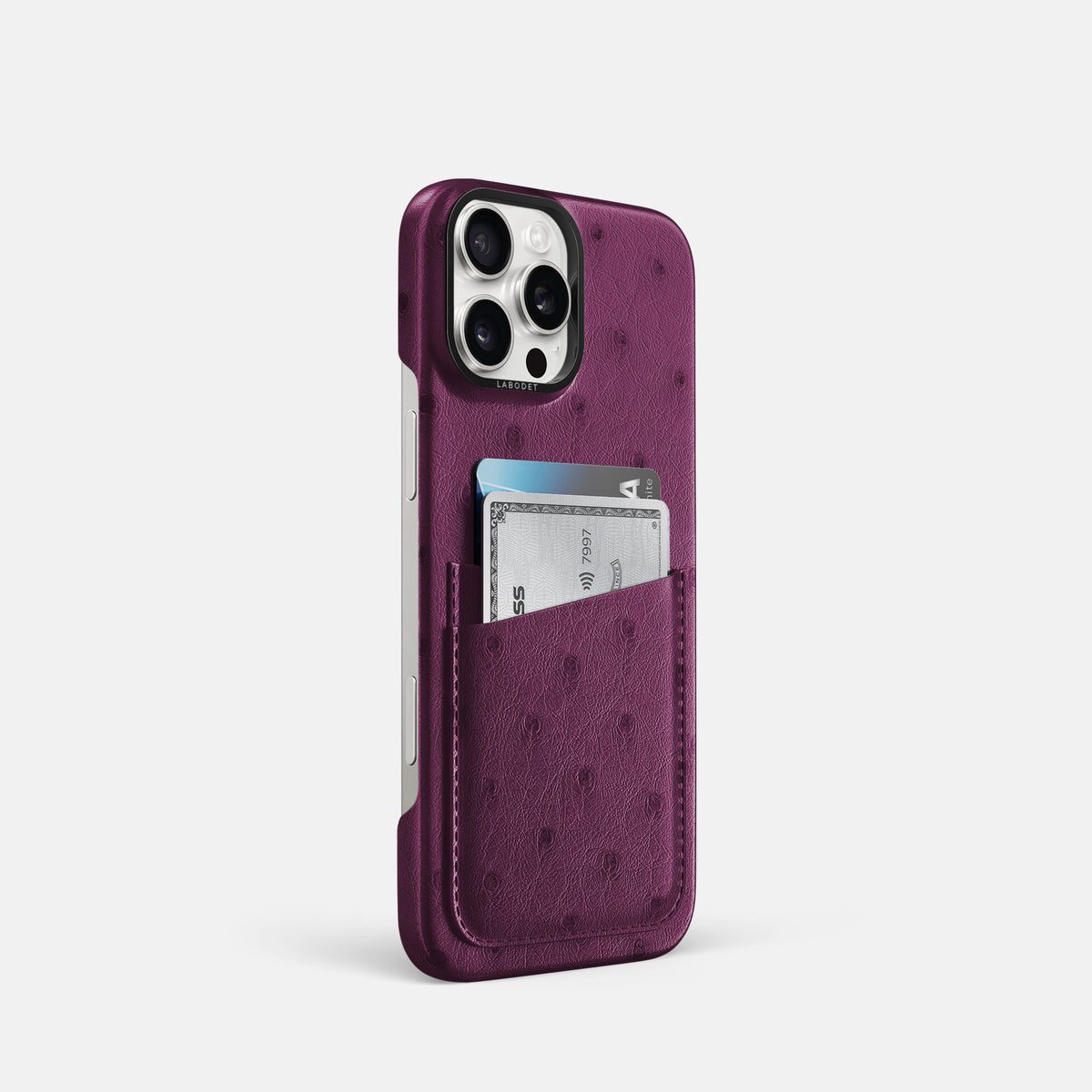 Purple iPhone 16 Pro Card Case Ostrich with Black Metal -2 | Purple-Black