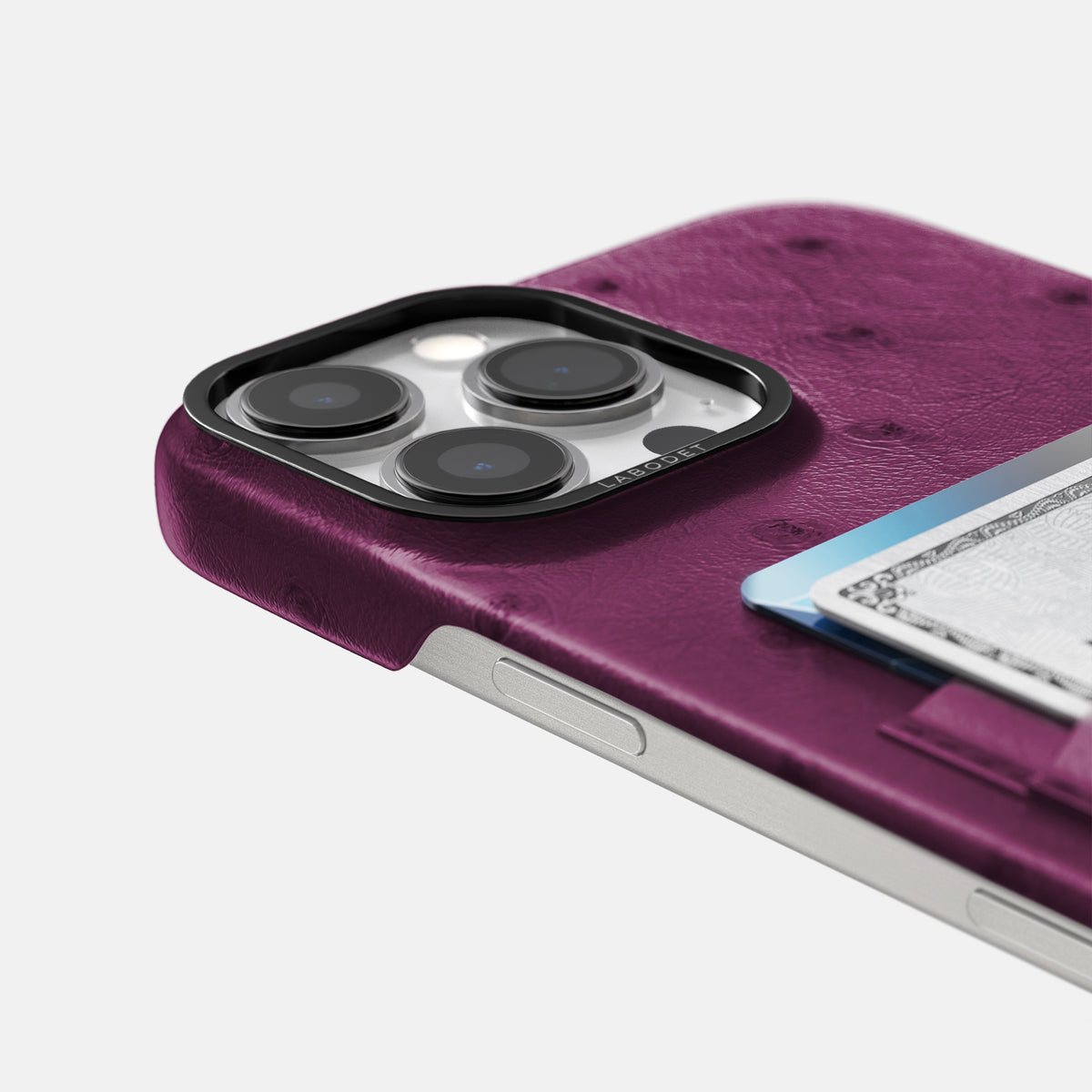 Purple iPhone 16 Pro Card Case Ostrich with Black Metal -5 | Purple-Black