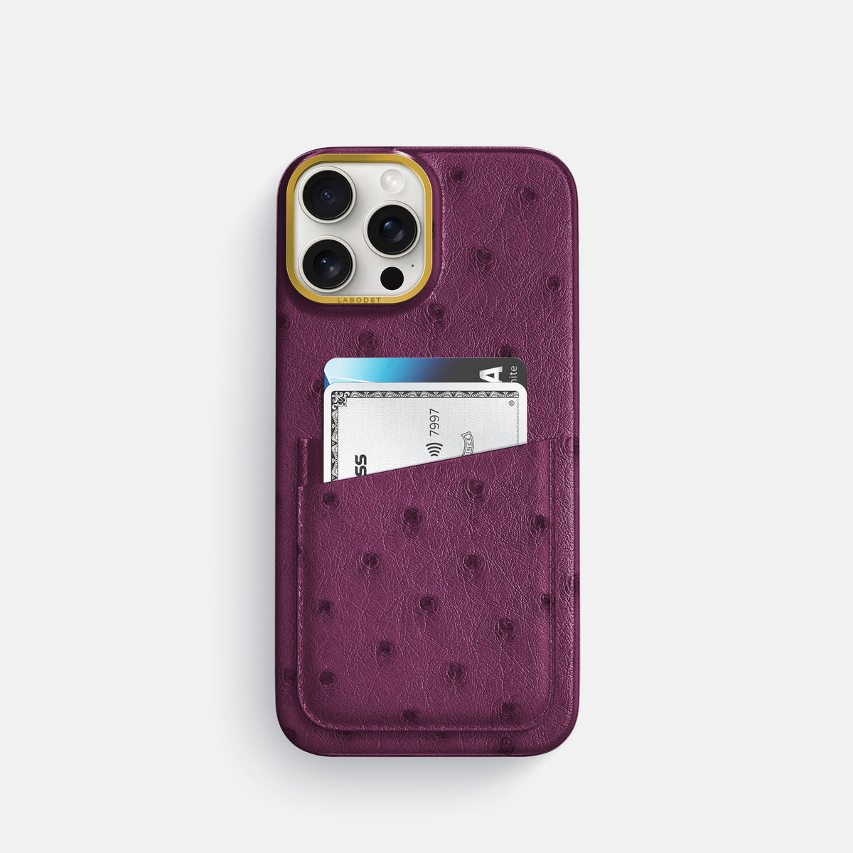 Purple iPhone 16 Pro Card Case Ostrich with Gold Metal -1 | Purple-Gold