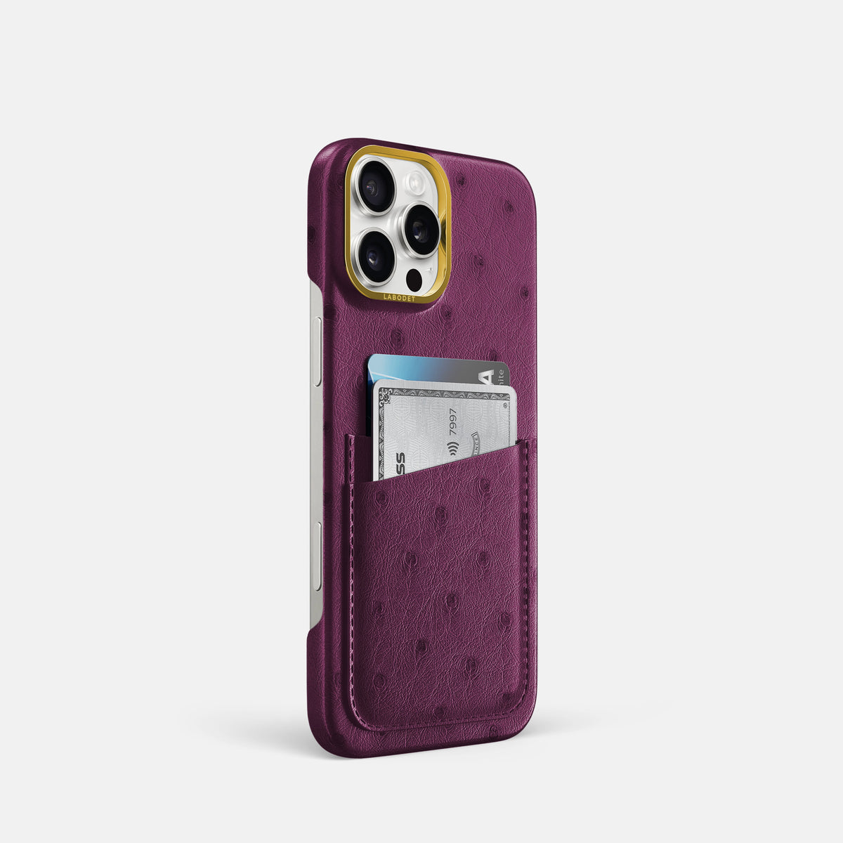 Purple iPhone 16 Pro Card Case Ostrich with Gold Metal -2 | Purple-Gold