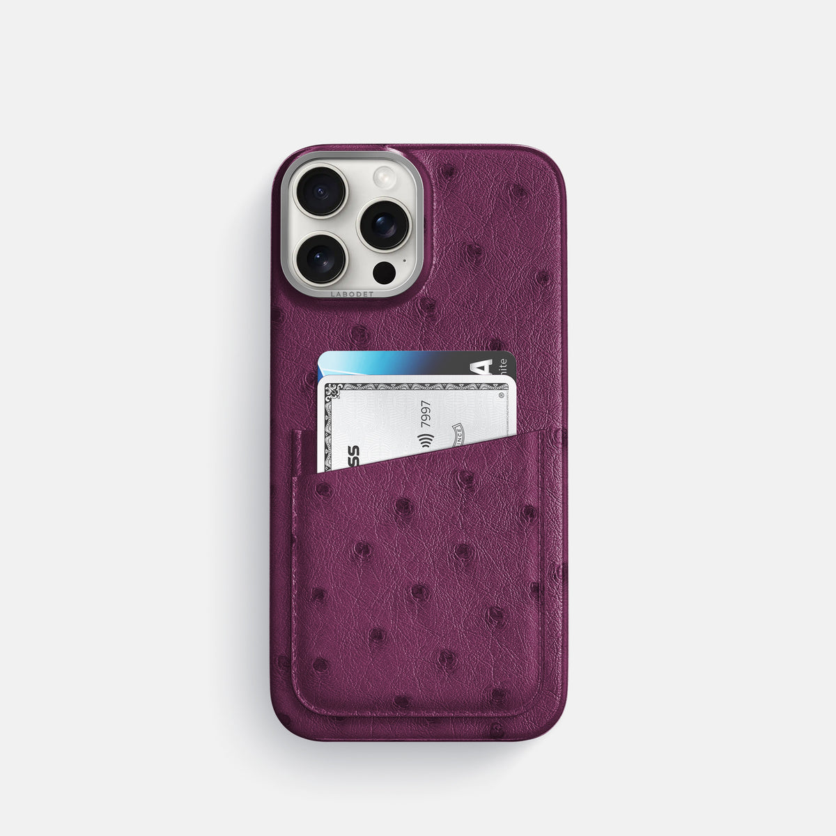 Purple iPhone 16 Pro Card Case Ostrich with Steel Metal -1 | Purple-Steel