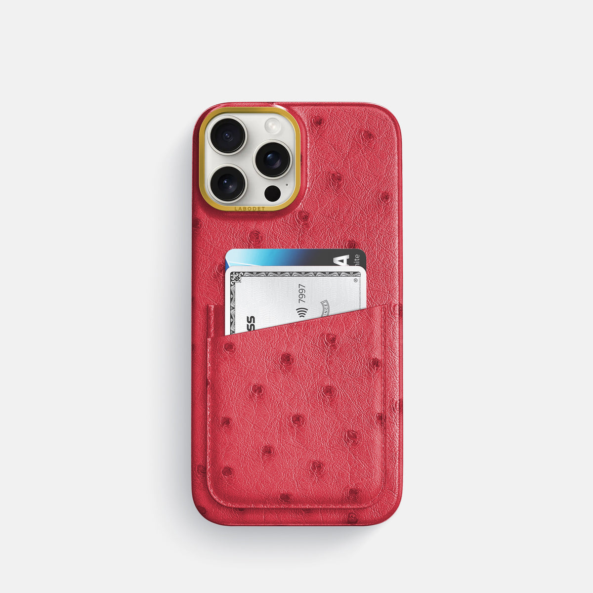 Red iPhone 16 Pro Card Case Ostrich with Gold Metal -1 | Red-Gold