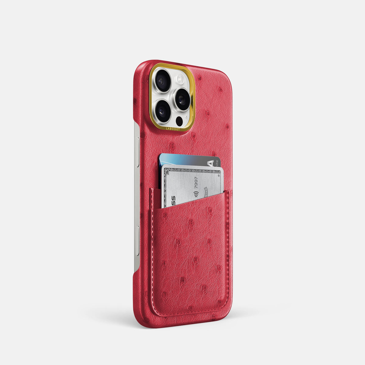 Red iPhone 16 Pro Card Case Ostrich with Gold Metal -2 | Red-Gold