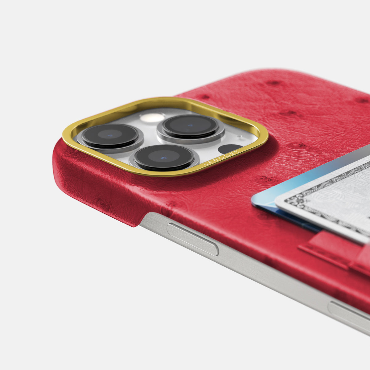 Red iPhone 16 Pro Card Case Ostrich with Gold Metal -5 | Red-Gold