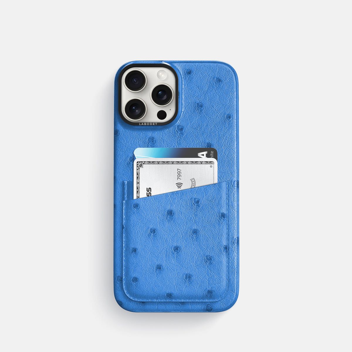 Royal-Blue iPhone 16 Pro Card Case Ostrich with Black Metal -1 | Royal-Blue-Black