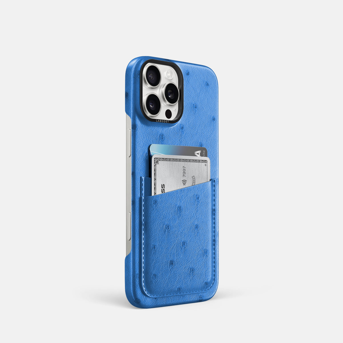 Royal-Blue iPhone 16 Pro Card Case Ostrich with Black Metal -2 | Royal-Blue-Black