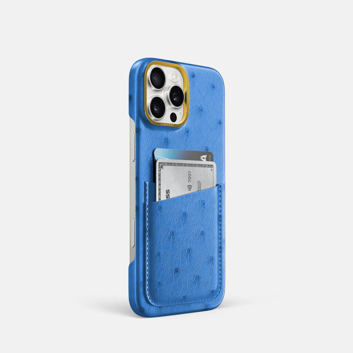 Royal-Blue iPhone 16 Pro Card Case Ostrich with Gold Metal -2 | Royal-Blue-Gold