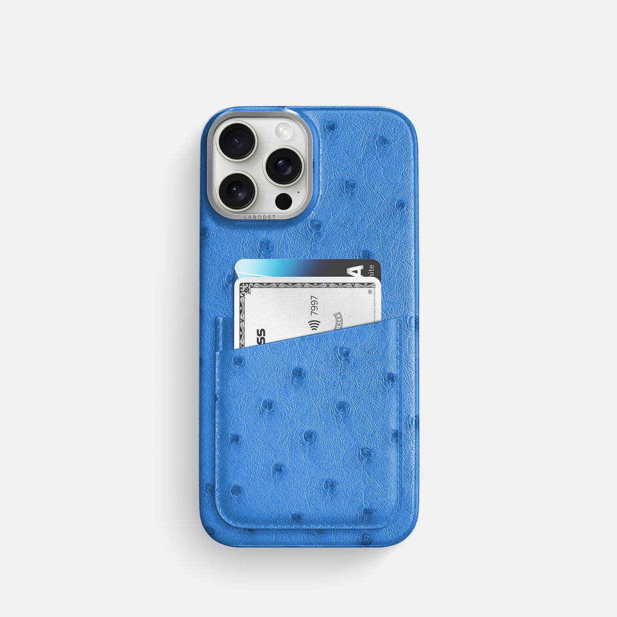 Royal-Blue iPhone 16 Pro Card Case Ostrich with Steel Metal -1 | Royal-Blue-Steel