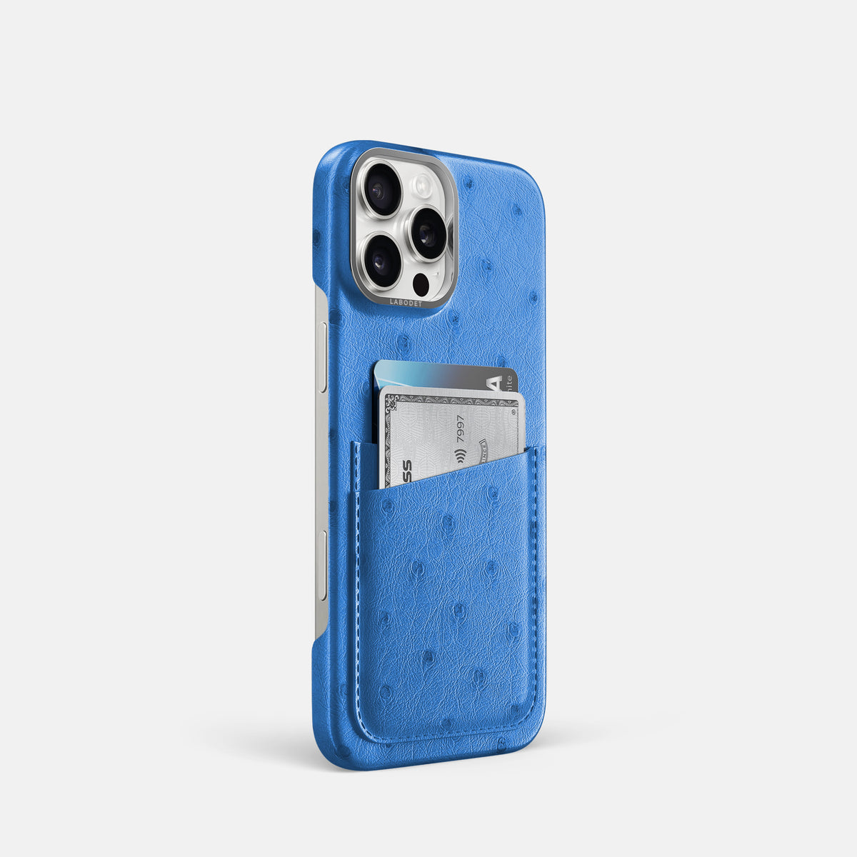 Royal-Blue iPhone 16 Pro Card Case Ostrich with Steel Metal -2 | Royal-Blue-Steel